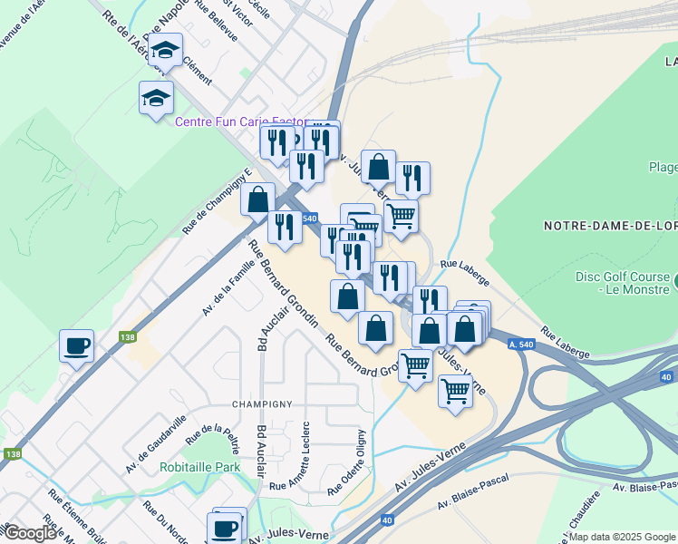 map of restaurants, bars, coffee shops, grocery stores, and more near 1180 Autoroute Duplessis in Québec