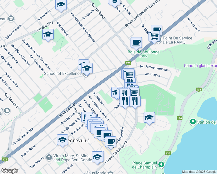 map of restaurants, bars, coffee shops, grocery stores, and more near 1218 Avenue du Chanoine Morel in Québec