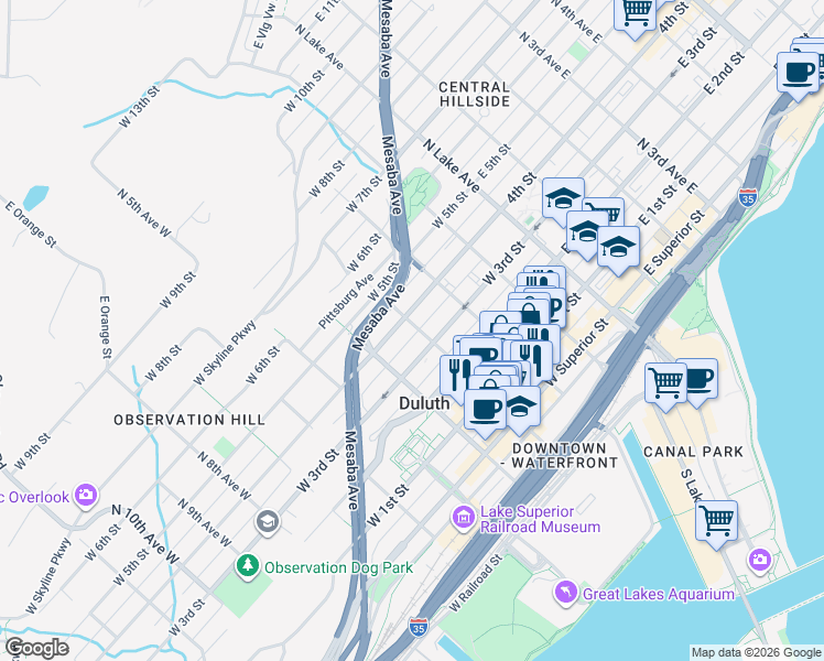 map of restaurants, bars, coffee shops, grocery stores, and more near 319 North 3rd Avenue West in Duluth