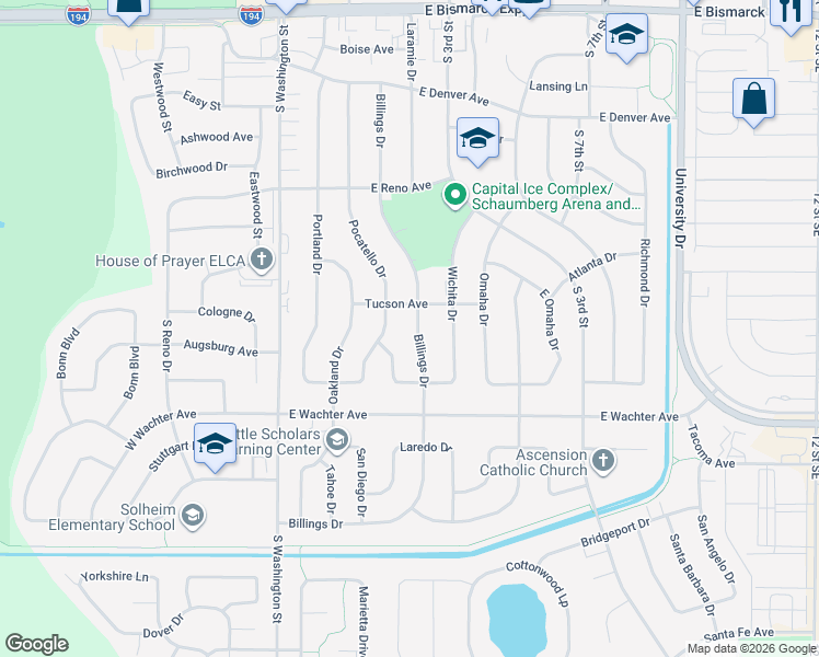 map of restaurants, bars, coffee shops, grocery stores, and more near 1614 Billings Drive in Bismarck