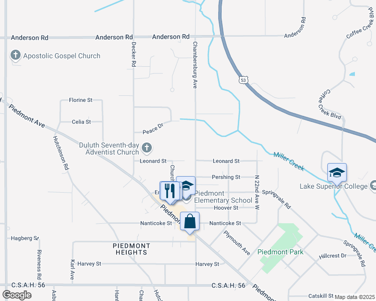 map of restaurants, bars, coffee shops, grocery stores, and more near 2409 Leonard Street in Duluth