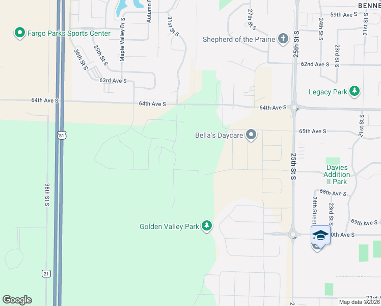 map of restaurants, bars, coffee shops, grocery stores, and more near 2990 64th Avenue South in Fargo