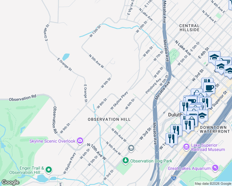 map of restaurants, bars, coffee shops, grocery stores, and more near 718 North 6th Avenue West in Duluth