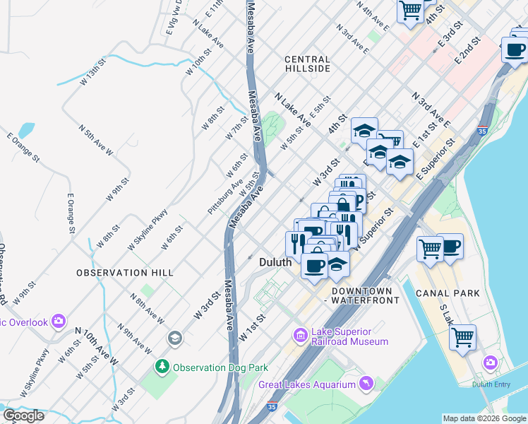 map of restaurants, bars, coffee shops, grocery stores, and more near 323 North 3rd Avenue West in Duluth