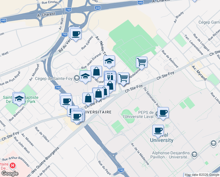 map of restaurants, bars, coffee shops, grocery stores, and more near 2360 Chemin Sainte-Foy in Québec
