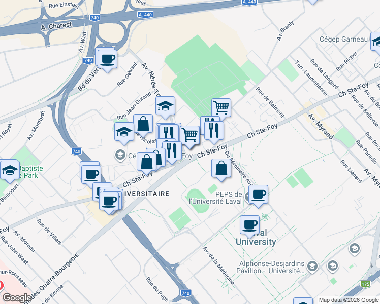 map of restaurants, bars, coffee shops, grocery stores, and more near 2336 Chemin Sainte Foy in Quebec