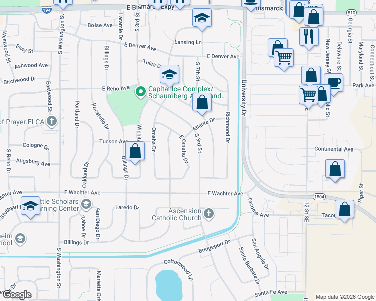map of restaurants, bars, coffee shops, grocery stores, and more near 1611 East Omaha Drive in Bismarck