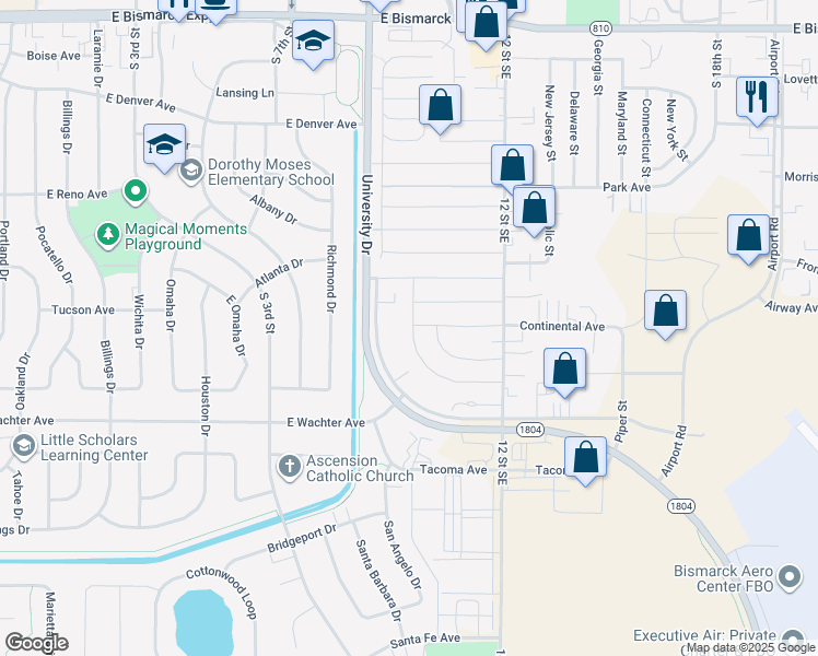 map of restaurants, bars, coffee shops, grocery stores, and more near 118 Northwest Drive in Bismarck