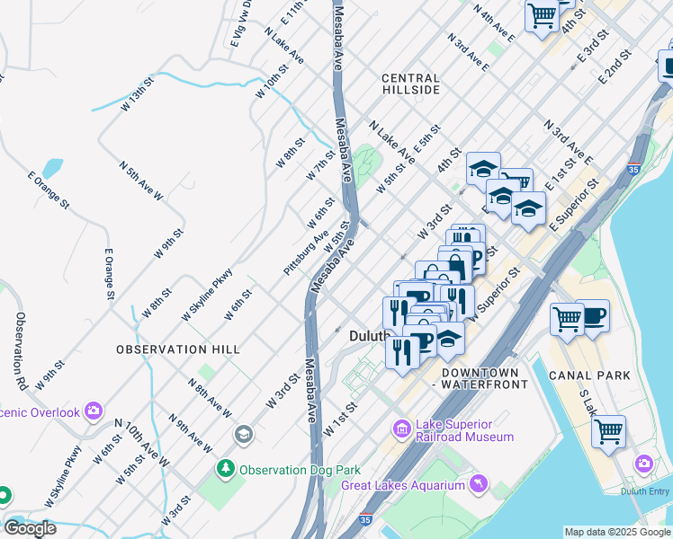 map of restaurants, bars, coffee shops, grocery stores, and more near 450 Mesaba Avenue in Duluth