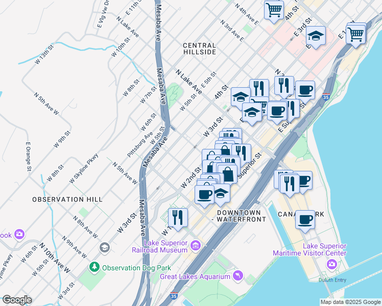 map of restaurants, bars, coffee shops, grocery stores, and more near 219 West 3rd Street in Duluth