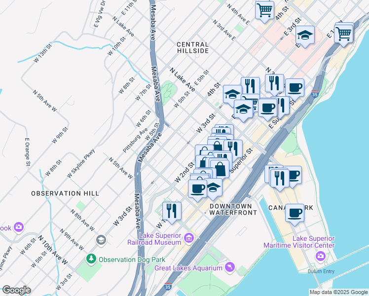 map of restaurants, bars, coffee shops, grocery stores, and more near 228 West 3rd Street in Duluth