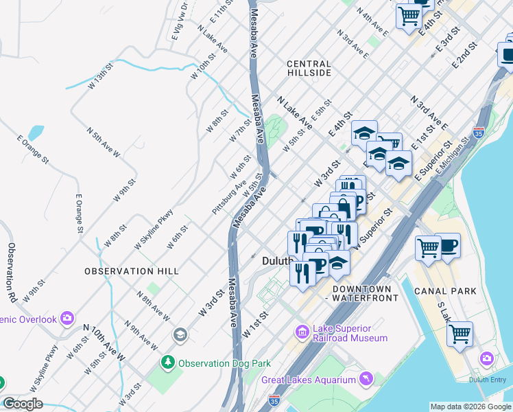 map of restaurants, bars, coffee shops, grocery stores, and more near 450 Mesaba Avenue in Duluth