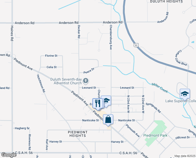 map of restaurants, bars, coffee shops, grocery stores, and more near 2501 Leonard Street in Duluth