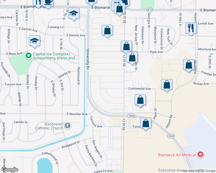 map of restaurants, bars, coffee shops, grocery stores, and more near 135 Delta Avenue in Bismarck