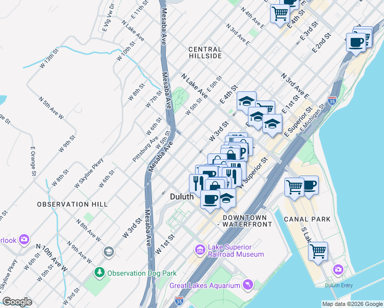 map of restaurants, bars, coffee shops, grocery stores, and more near 219 West 3rd Street in Duluth