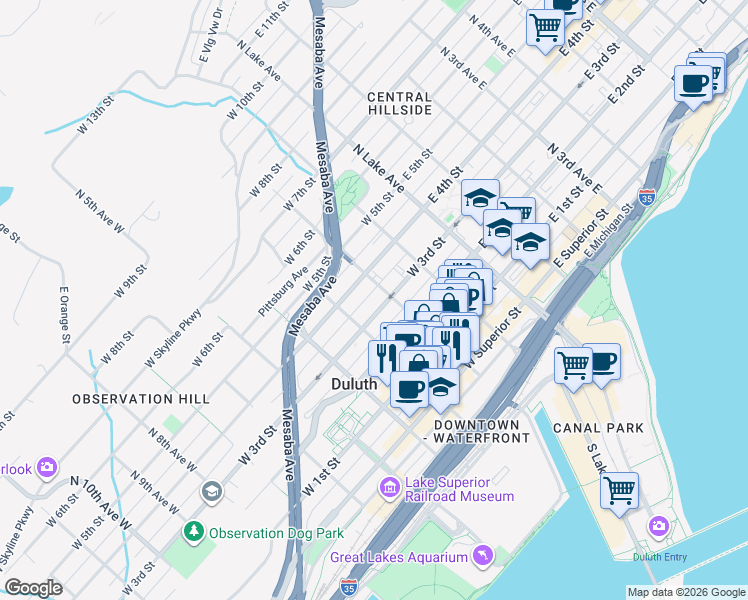 map of restaurants, bars, coffee shops, grocery stores, and more near 219 West 3rd Street in Duluth