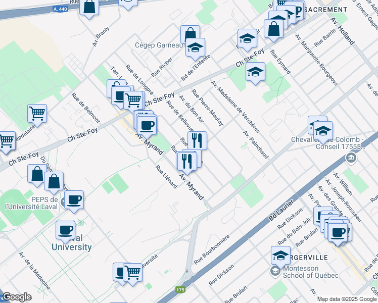 map of restaurants, bars, coffee shops, grocery stores, and more near 862 Rue Rochette in Québec