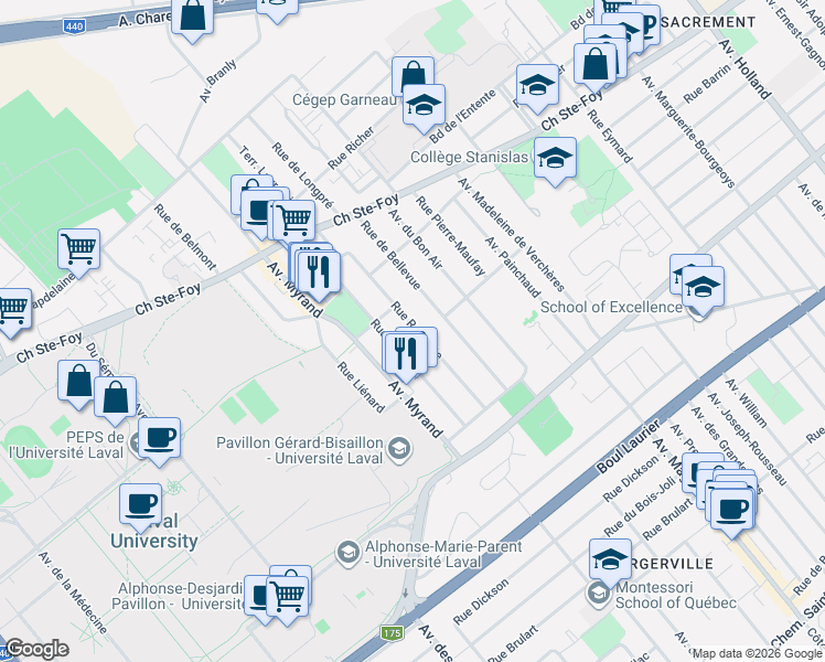 map of restaurants, bars, coffee shops, grocery stores, and more near 862 Rue Rochette in Québec