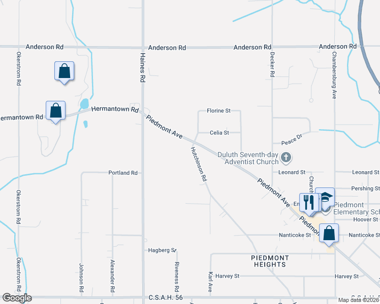map of restaurants, bars, coffee shops, grocery stores, and more near 3033 Hutchinson Road in Duluth