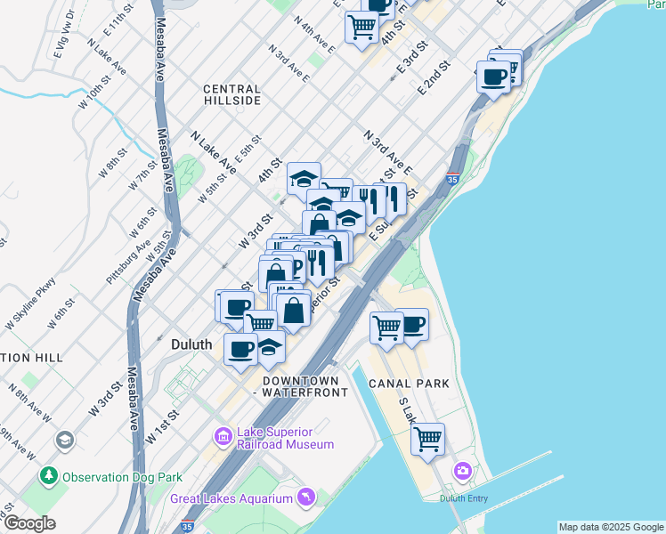 map of restaurants, bars, coffee shops, grocery stores, and more near 30 East Superior Street in Duluth