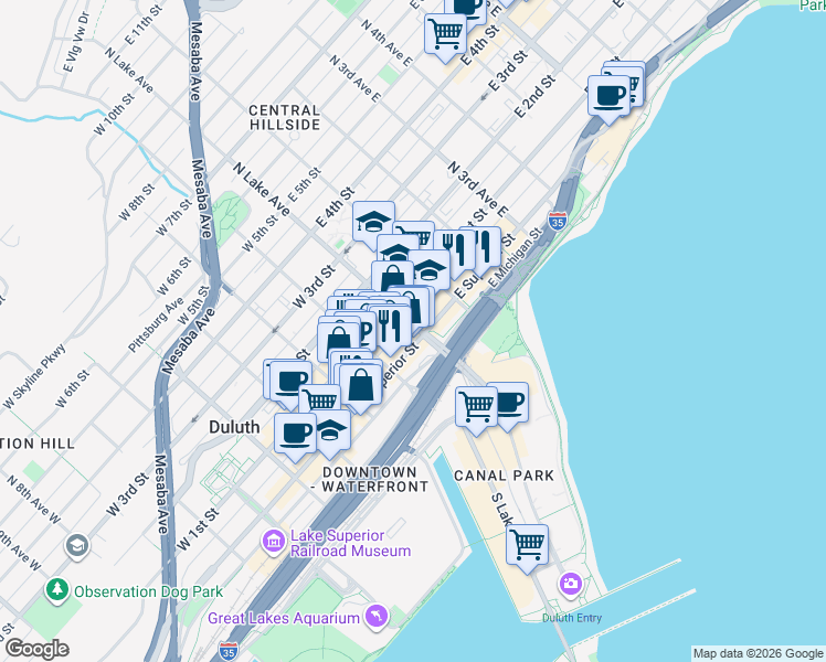 map of restaurants, bars, coffee shops, grocery stores, and more near 1 West Superior Street in Duluth