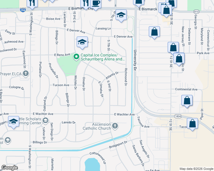 map of restaurants, bars, coffee shops, grocery stores, and more near 1611 E Omaha Dr in Bismarck