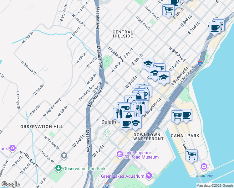 map of restaurants, bars, coffee shops, grocery stores, and more near 219 West 3rd Street in Duluth