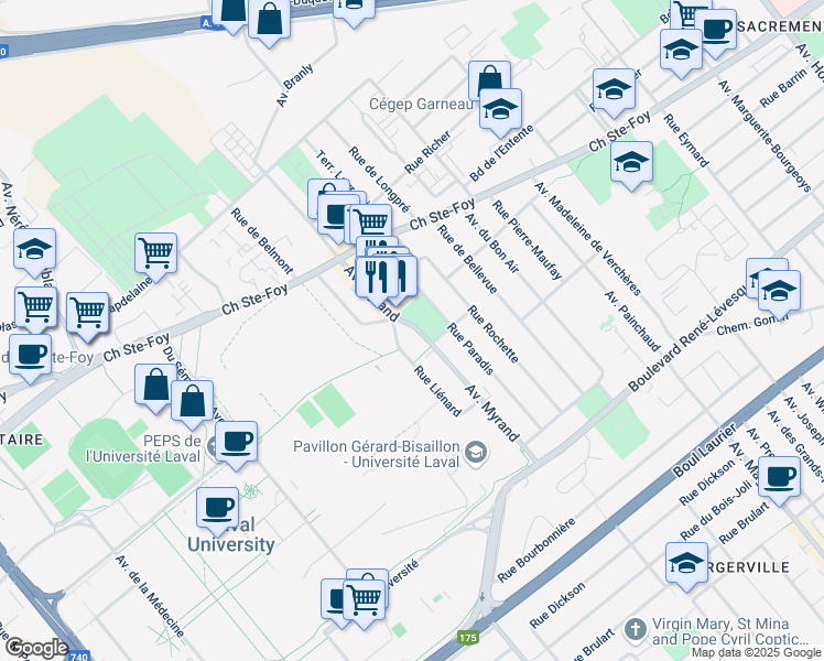 map of restaurants, bars, coffee shops, grocery stores, and more near 886 Avenue Myrand in Ville de Québec