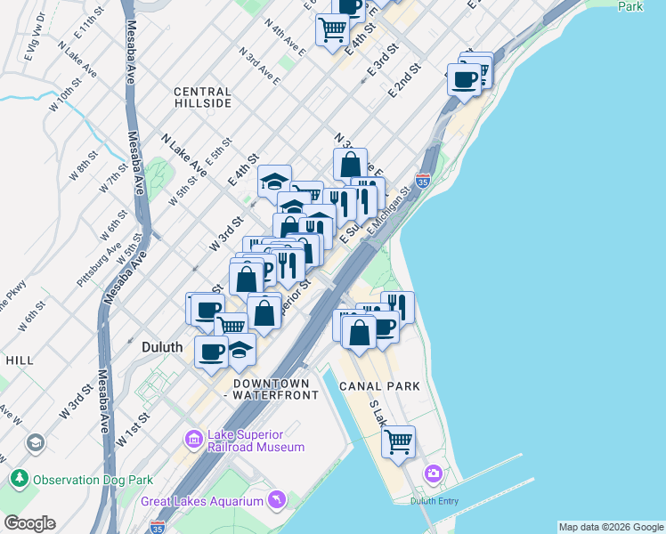 map of restaurants, bars, coffee shops, grocery stores, and more near 11 East Michigan Street in Duluth