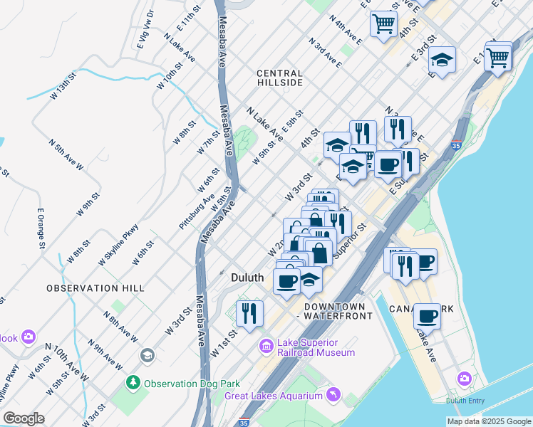 map of restaurants, bars, coffee shops, grocery stores, and more near 219 West 3rd Street in Duluth