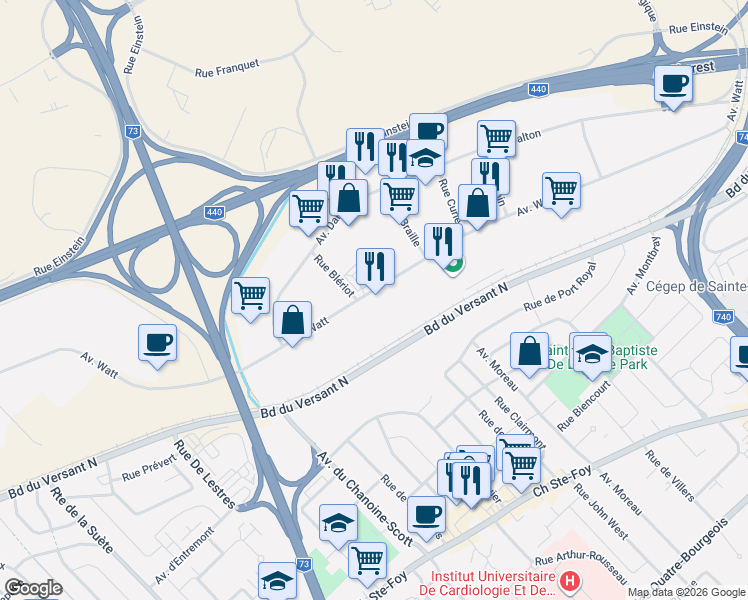 map of restaurants, bars, coffee shops, grocery stores, and more near 2659 Avenue Watt in Quebec
