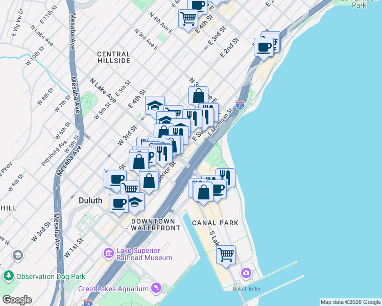 map of restaurants, bars, coffee shops, grocery stores, and more near 11 East Michigan Street in Duluth