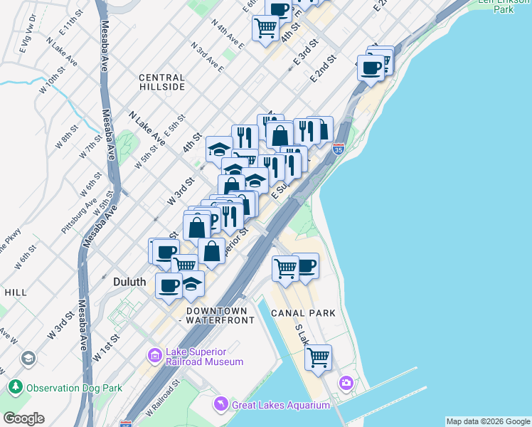 map of restaurants, bars, coffee shops, grocery stores, and more near 26 East Superior Street in Duluth