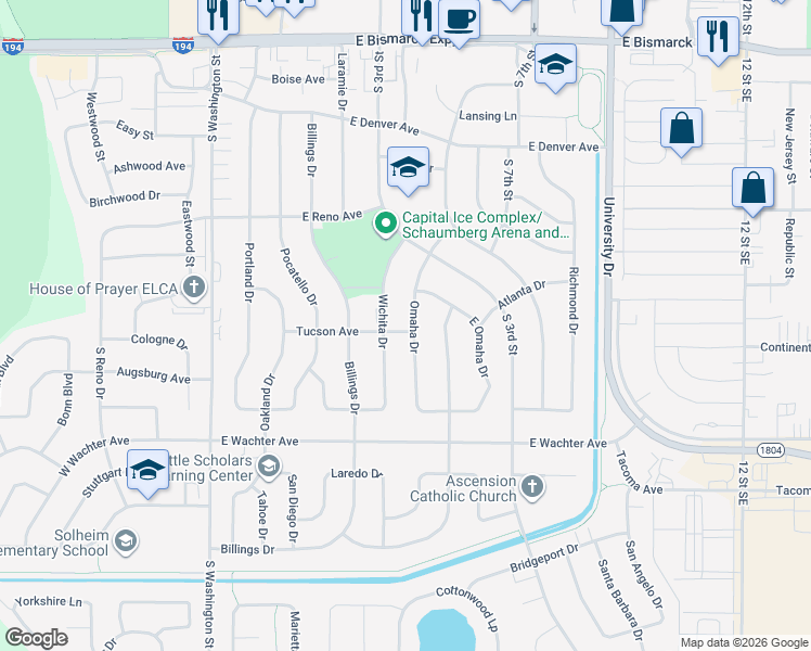 map of restaurants, bars, coffee shops, grocery stores, and more near 1537 Omaha Drive in Bismarck