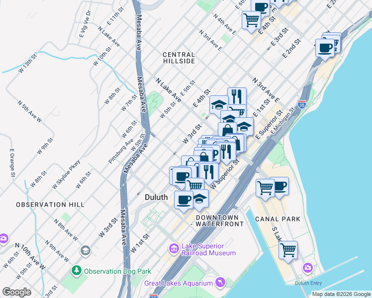 map of restaurants, bars, coffee shops, grocery stores, and more near 113 West 3rd Street in Duluth
