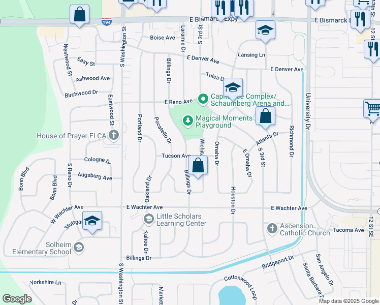 map of restaurants, bars, coffee shops, grocery stores, and more near 200 Tucson Avenue in Bismarck