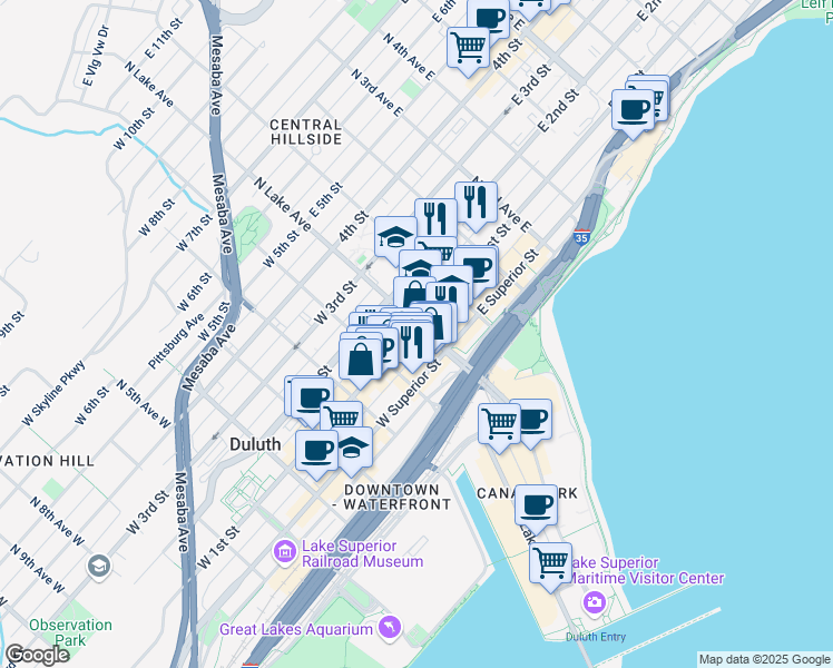 map of restaurants, bars, coffee shops, grocery stores, and more near 2 West 1st Street in Duluth