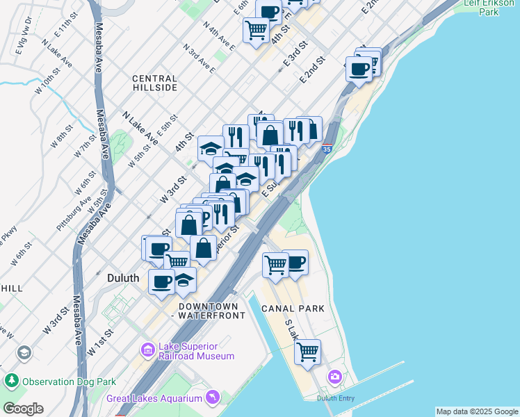 map of restaurants, bars, coffee shops, grocery stores, and more near 26 East Superior Street in Duluth
