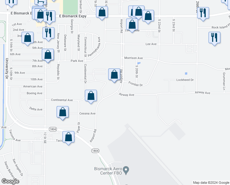 map of restaurants, bars, coffee shops, grocery stores, and more near 1400 Airport Road in Bismarck
