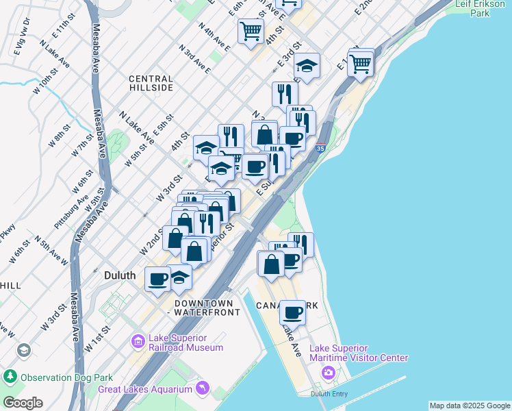 map of restaurants, bars, coffee shops, grocery stores, and more near in Duluth