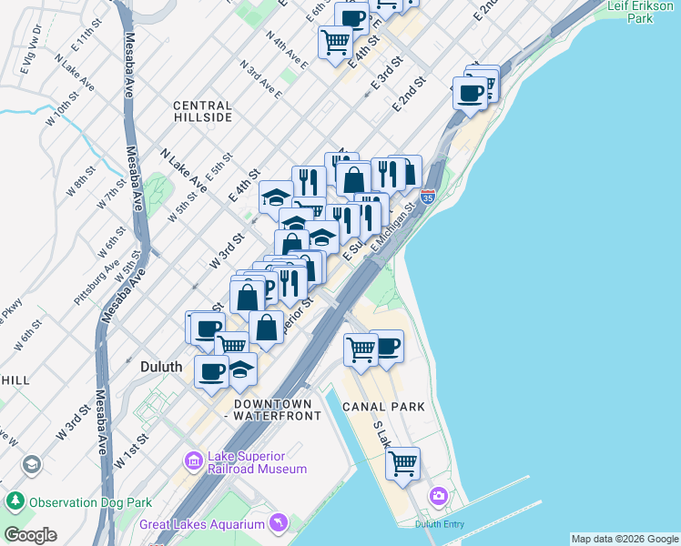 map of restaurants, bars, coffee shops, grocery stores, and more near in Duluth