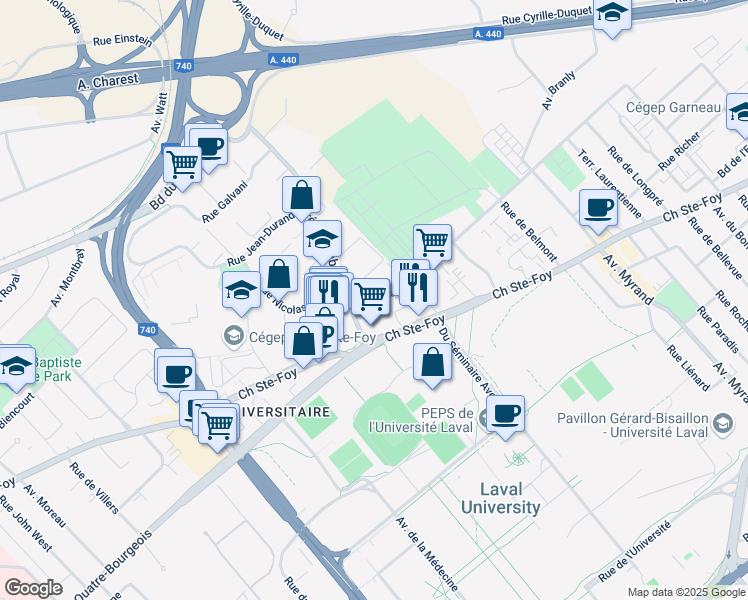 map of restaurants, bars, coffee shops, grocery stores, and more near 2323 Chapdelaine Avenue in Quebec City