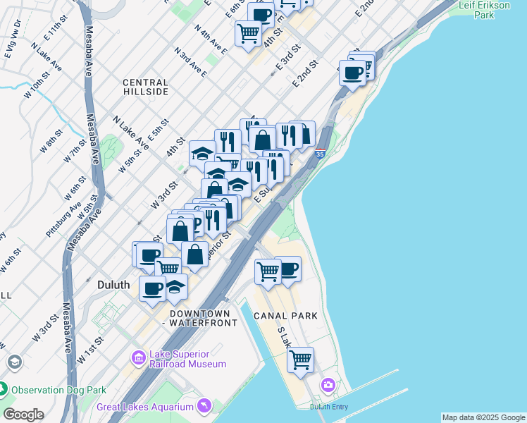 map of restaurants, bars, coffee shops, grocery stores, and more near in Duluth
