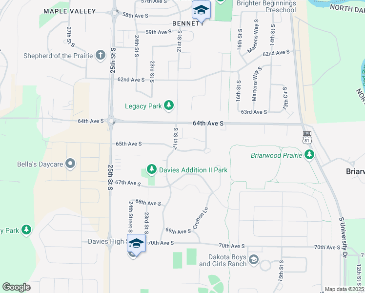map of restaurants, bars, coffee shops, grocery stores, and more near 2059 65th Avenue South in Fargo