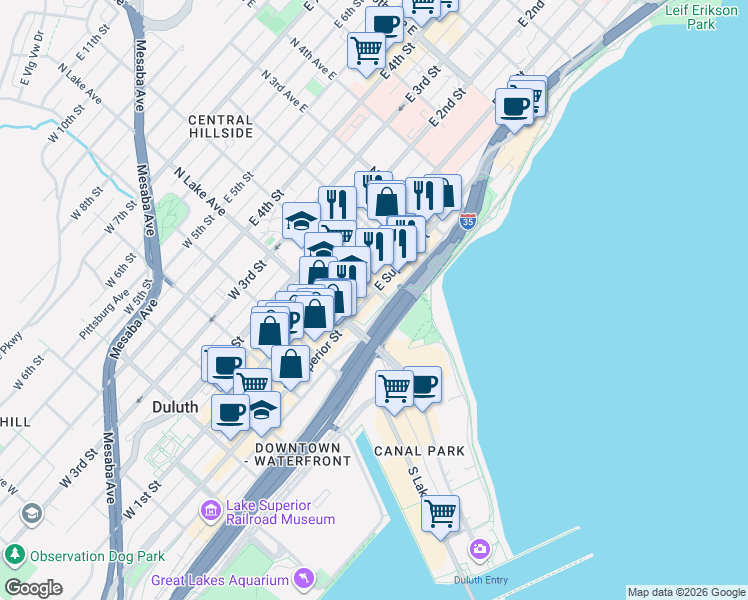 map of restaurants, bars, coffee shops, grocery stores, and more near in Duluth