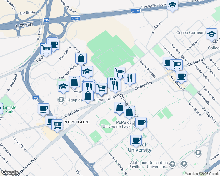 map of restaurants, bars, coffee shops, grocery stores, and more near 2323 Avenue Chapdelaine in Québec