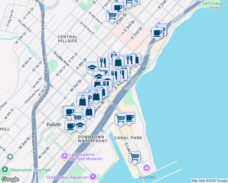 map of restaurants, bars, coffee shops, grocery stores, and more near in Duluth