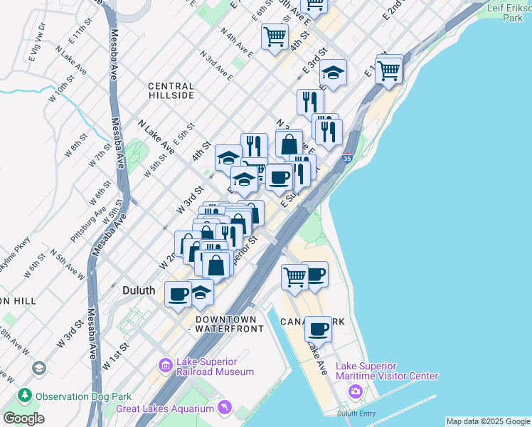 map of restaurants, bars, coffee shops, grocery stores, and more near 18 East 1st Street in Duluth