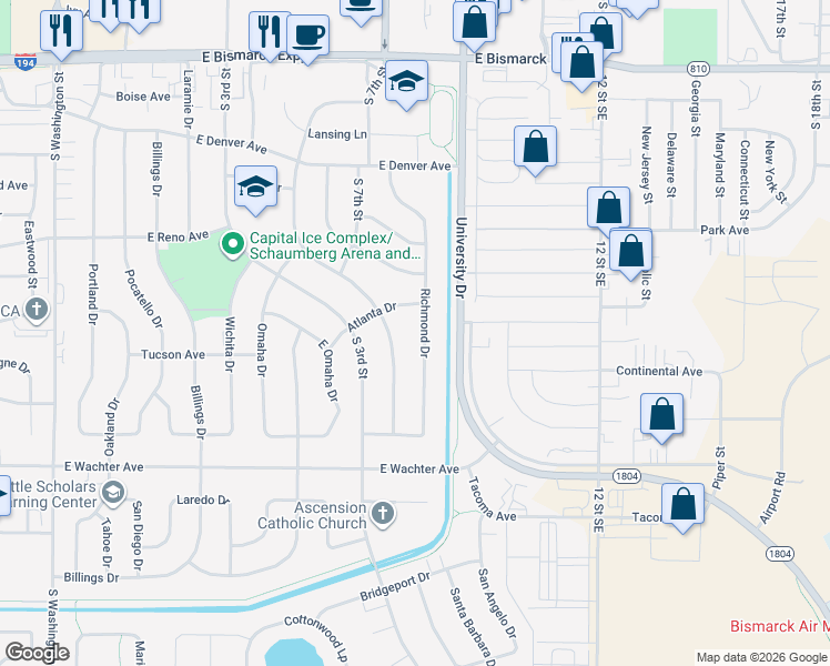 map of restaurants, bars, coffee shops, grocery stores, and more near 1436 Richmond Drive in Bismarck