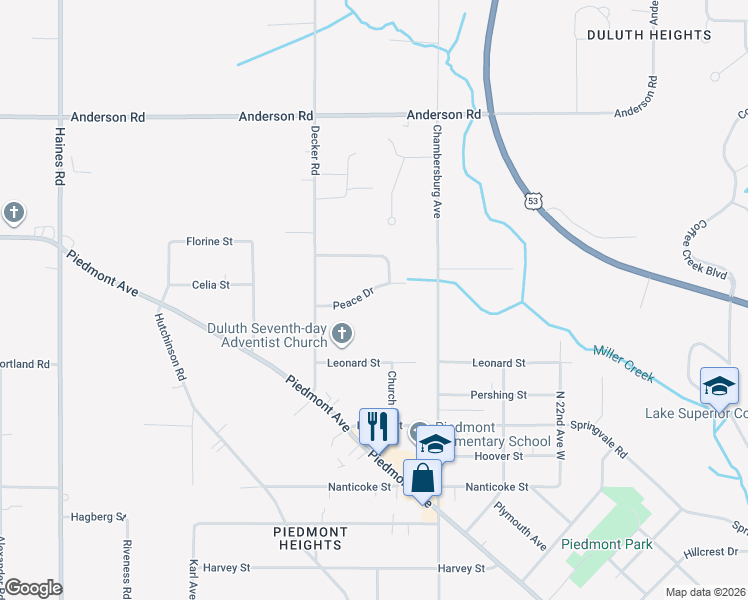 map of restaurants, bars, coffee shops, grocery stores, and more near 2514 Peace Drive in Duluth